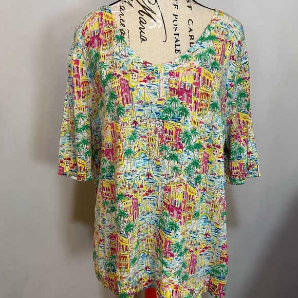 Talbots Multicolor Tropical Print Short Sleeve Top XL. Greece themed Thin - Picture 1 of 6